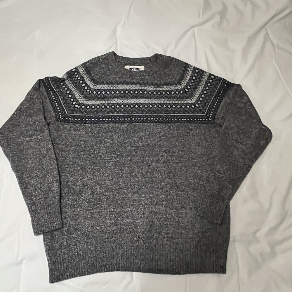 Urban Pipeline Sweater Mens L Gray Fair Isle Crewneck Knit Winter Cabin Nordic